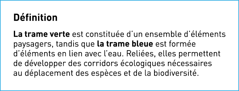D finition La trame verte est constitu e d’un ensemble d’ l ments paysagers, tandis que la trame bleue est form e d’ ...