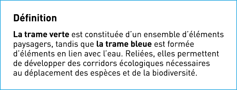Définition La trame verte est constituée d un ensemble d éléments paysagers, tandis que la trame bleue est formée d é   